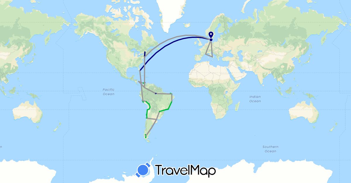TravelMap itinerary: driving, bus, plane in Argentina, Bolivia, Brazil, Canada, Chile, Colombia, Denmark, France, Italy, Peru, Sweden, United States (Europe, North America, South America)